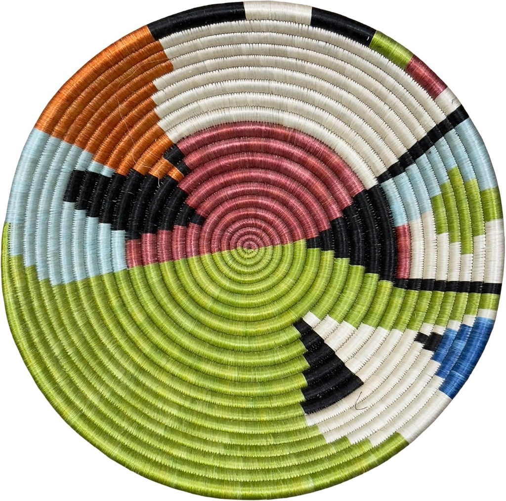 Handwoven African Basket Handmade sisal Fruit Bowl Wall Hanging decorative Baskets for Home Living Room Kitchen Centerpiece Zen Designs Arts and Crafts (Green Burgundy, 8in diameter)