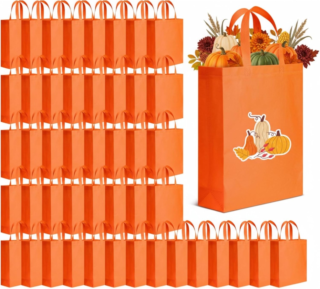 Amylove 80 Pcs Thanksgiving Reusable Non Woven Gift Bags Large Orange Tote Bags Bulk with Handle for Party Favors Supplies DIY Craft, 15 x 11.8 x 4 Inches