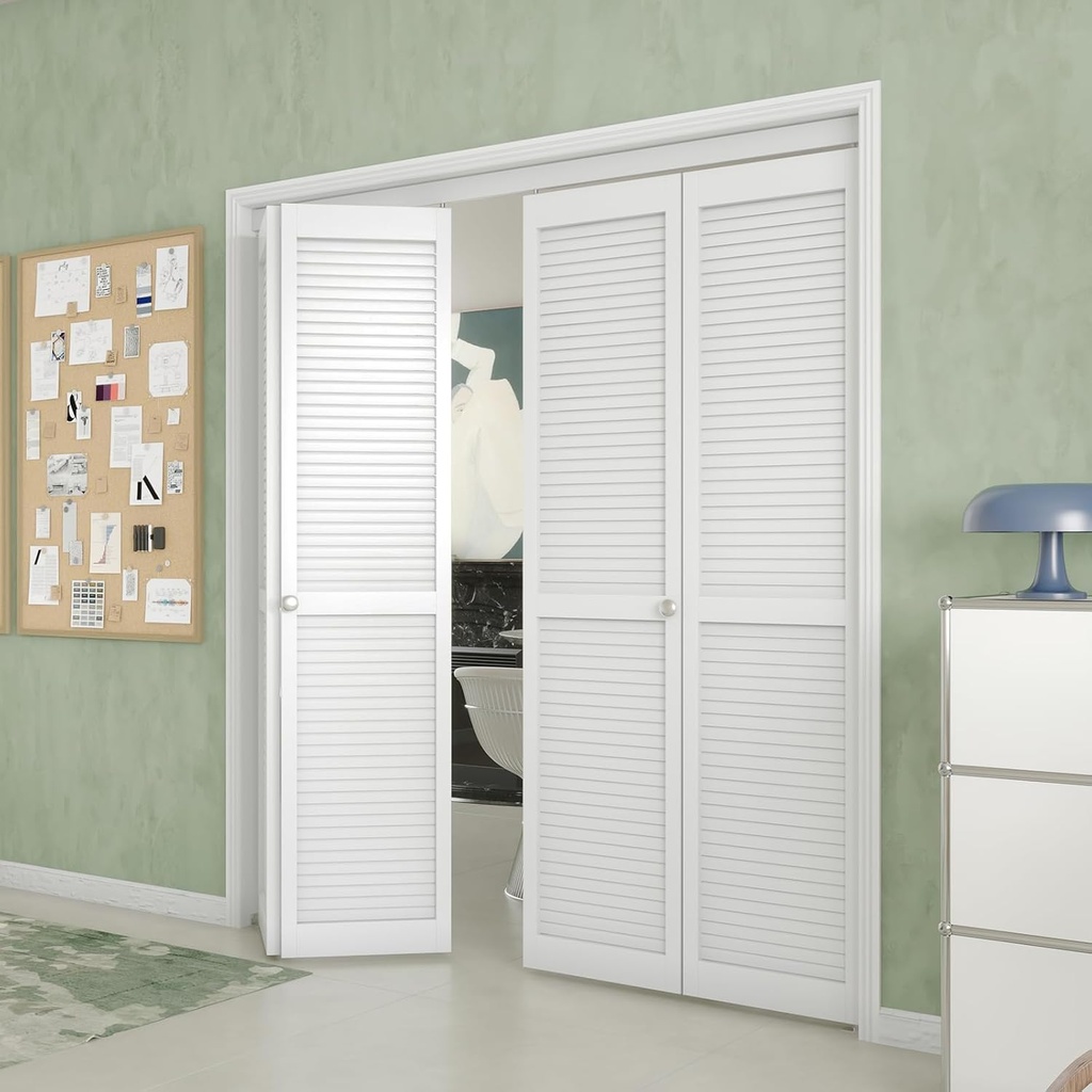 Louver Closet Doors, Bi-Fold 72"80" (Double 36"80") Opening, White MDF&PVC Folding Doors with Hardware