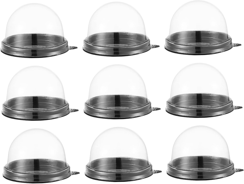 100pcs Round Plastic Yolk Puff Container Black Tray Dome Baking Packing Box for Desserts Pastries and Cakes