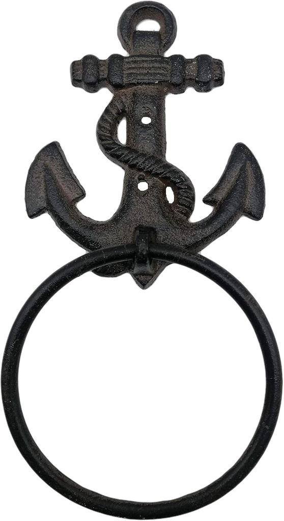 Comfy Hour Antique and Vintage Ocean Collection Cast Iron Solid Anchor Towel Ring, Brown Aged Old Fashioned - for Hanging Towel, Wash Cloth and Etc