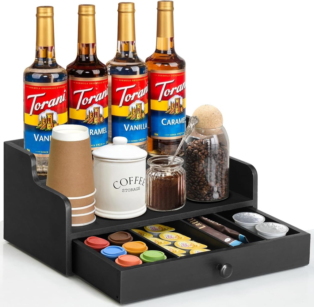 Wood Coffee Station Organizer with Drawer, Coffee Bar Organizer for Countertop, Kcup Pods Holder Accessories, No Assembly Needed, Kcup Holder Storage Box for Coffee Creamer, Sugar, Spoons(Black)