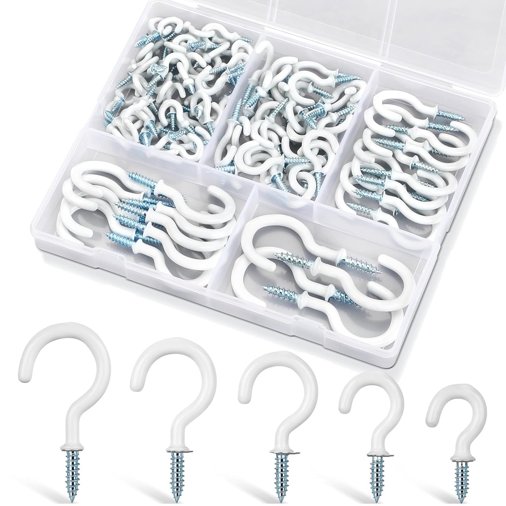 110Pcs Premium Screw Hooks, 5 Sizes White Vinyl Coated Cup Hook, from1/2 in Small Hooks to 1-1/2 in Ceiling Hooks Heavy Duty, Screw in Hooks for Hanging Plants, String Lights