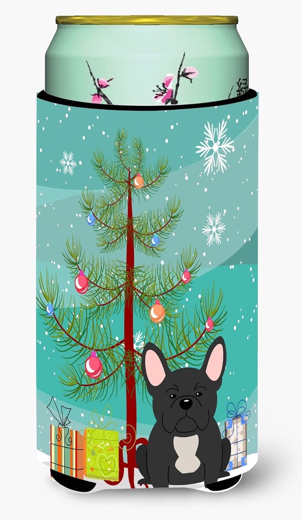 Caroline's Treasures BB4139TBC Merry Christmas Tree French Bulldog Black Tall Boy Hugger Can Cooler Sleeve Hugger Machine Washable Drink Sleeve Hugger Collapsible Insulator Beverage Insulated Holder