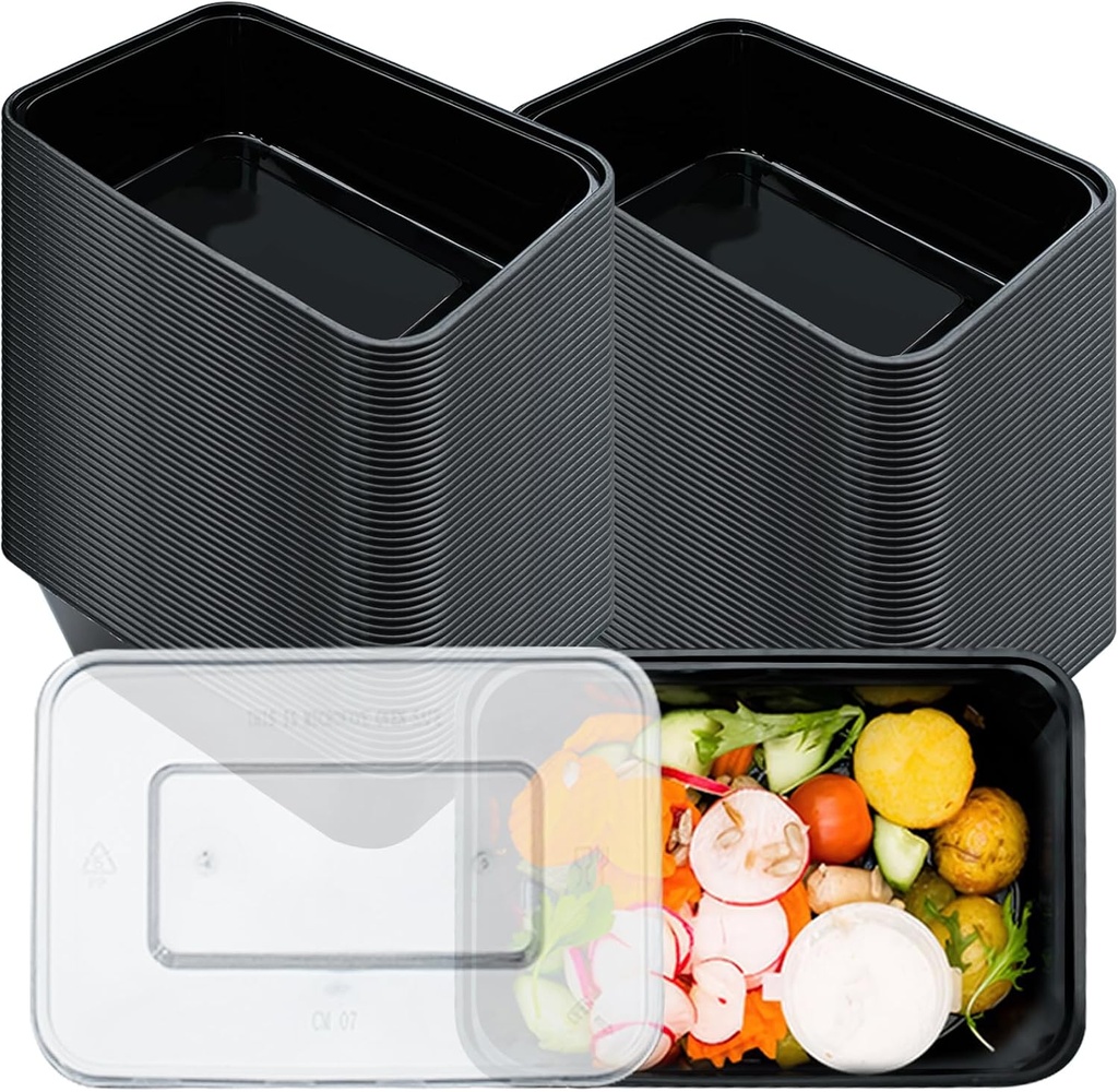 100 Pcs Plastic Meal Prep Containers with Lids Reusable Bento Box 1 Compartment Stackable Disposable Lunch Bowls for Meal Prep, Food Storage (26 oz, Black)