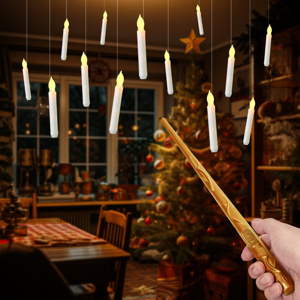 Raycare Floating Candles with Wand, 12 Pcs Magic Hanging Candles Flameless, Flickering Warm Light LED Taper Candle with Wand Remote, Battery Operated Window Candle for Halloween Witch Wizzard Decors