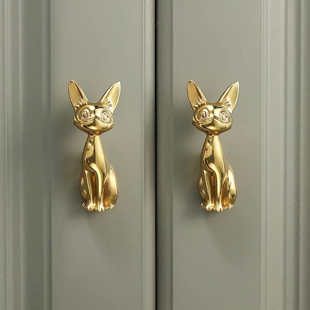 Brass Cabinet Knobs (2 Pack) Cute Cat Golden Drawer Knob Kitchen Cabinet Pulls with Vintage Cupboard Hardware Dresser Drawer Handles Kitchen Cabinet Handles