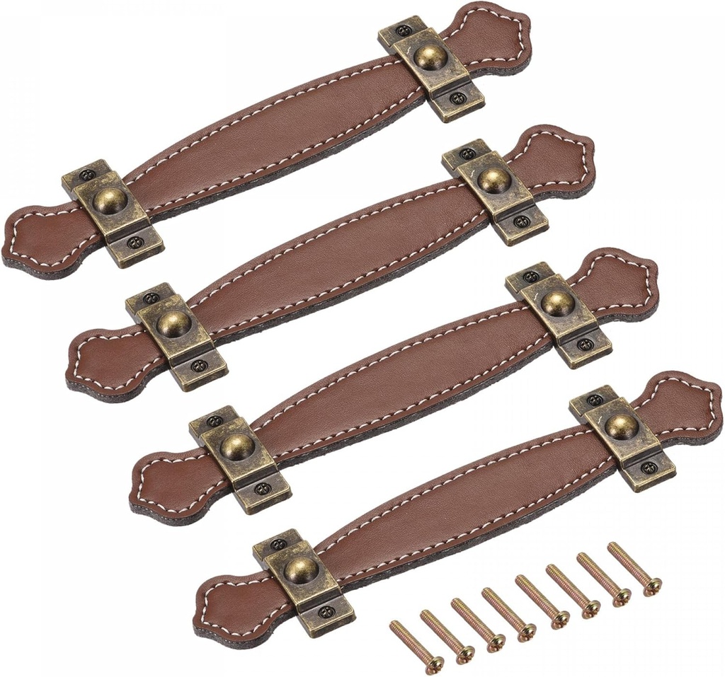 uxcell Leather Handle, 7.6" 4Pcs Surface Leather Furniture Handles, Door Handle Strap Suitcase Dresser Drawer Knobs Pulls Replacement, Brown