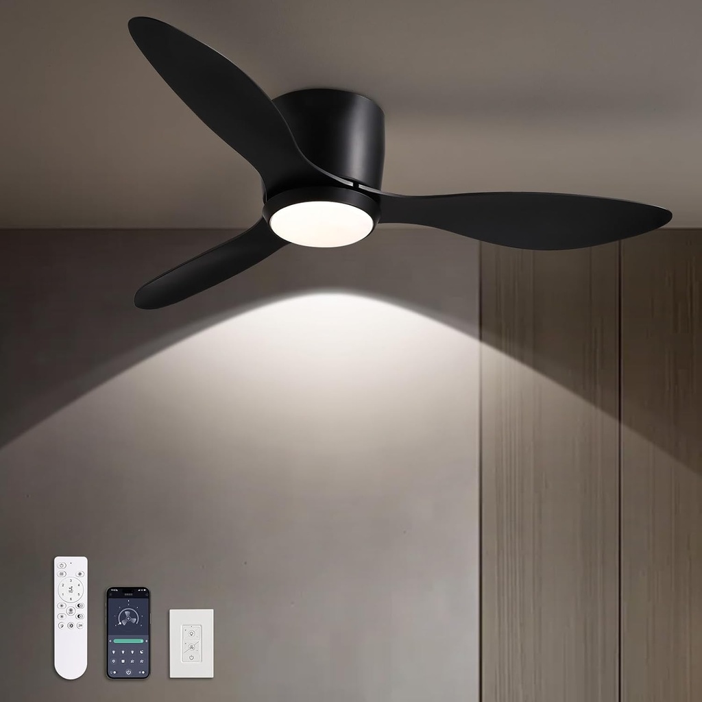 Ceiling Fans with Lights,42 Inch Low Profile Ceiling Fan with Wall Control and Remote Control,Dimmable,Flush Mount Ceiling Fan with Noiseless DC Reversible Motor for Bedroom Indoor Use