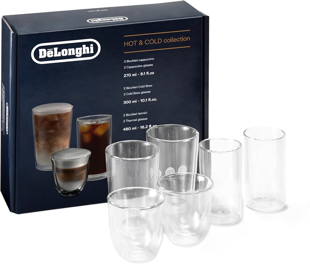 De'Longhi Trio Gift Set of 2 Cappuccino, 2 Thermal Large glasses, 2 Cold Brew Large glasses