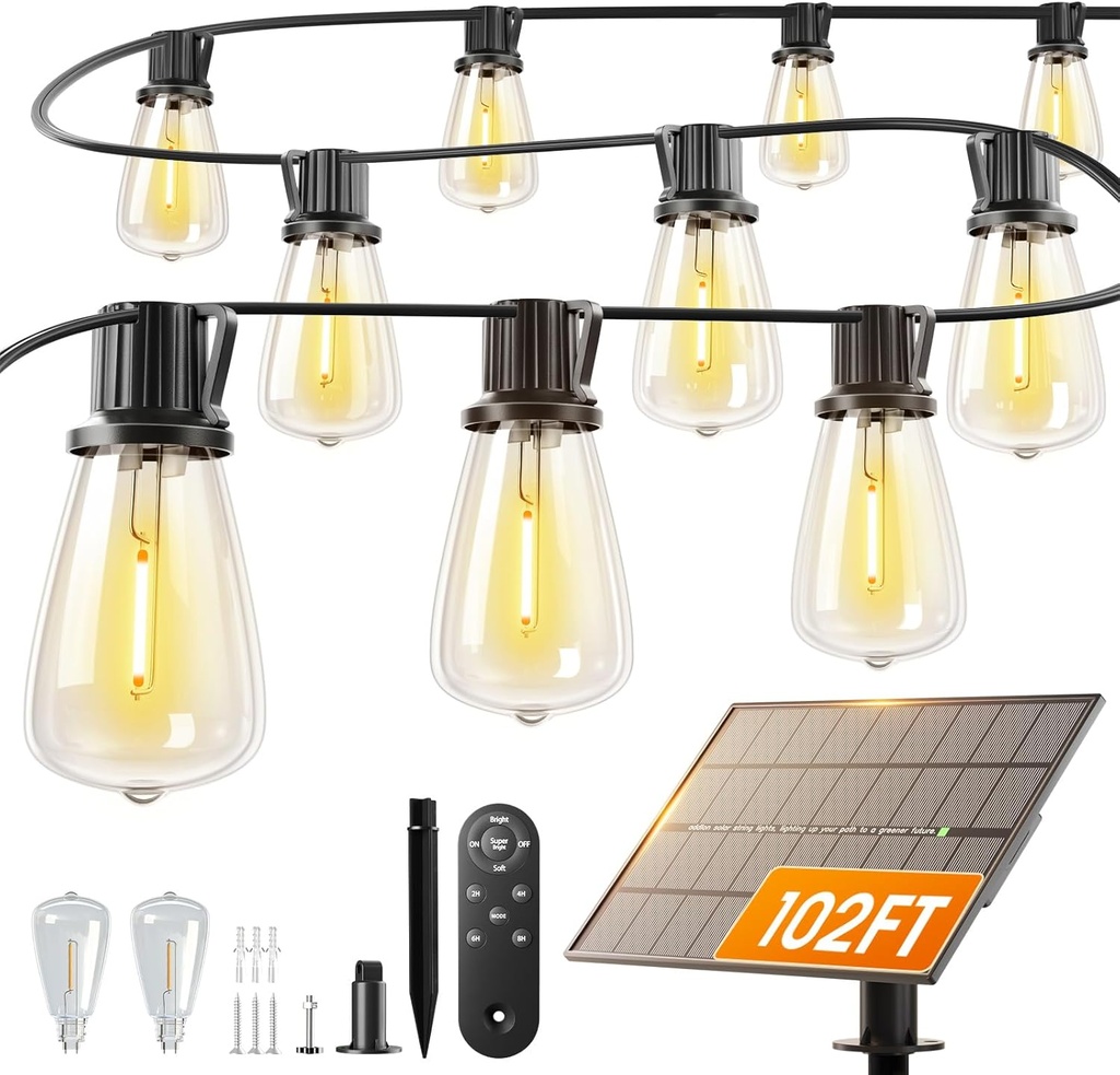addlon 102FT(96+6) Solar String Lights Outdoor with Remote, Waterproof Patio Lights with 32 LED Bulbs, Dimmable & Timable, Long-Lasting Solar Powered Hanging Light for Outside, Yard, Porch, Camping
