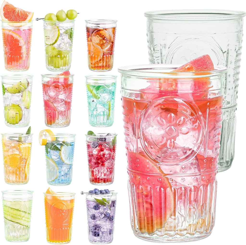 Drinking Glasses, 12 pcs Vintage Glassware Set, 10oz Clear Striped Cups, Embossed Highball Glasses, Tall Water Tumbler, Mojito Cup, Cocktail Glass, Made Of Recycled Glass