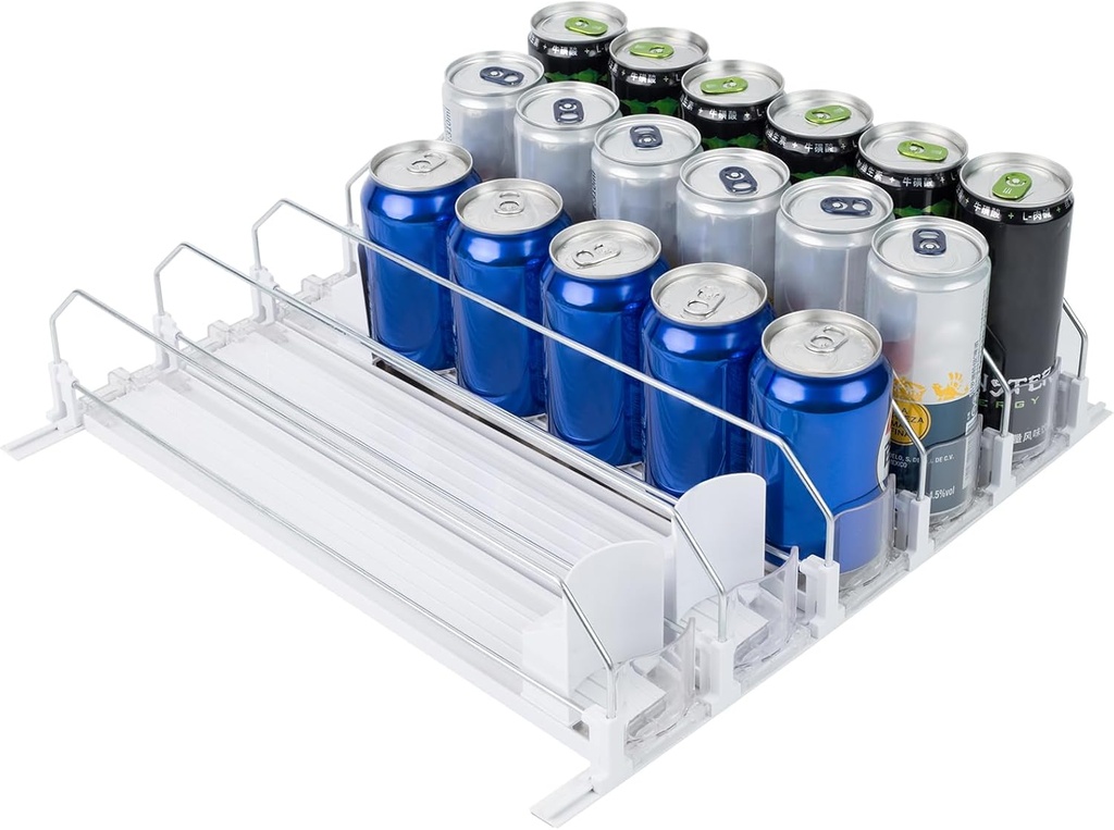 Drink Organizer for Fridge - Self Pushing Glide Refrigerator Drink Organizer, Adjustable Width Soda Dispenser Spring Loaded Beverage Storage, 5 Row