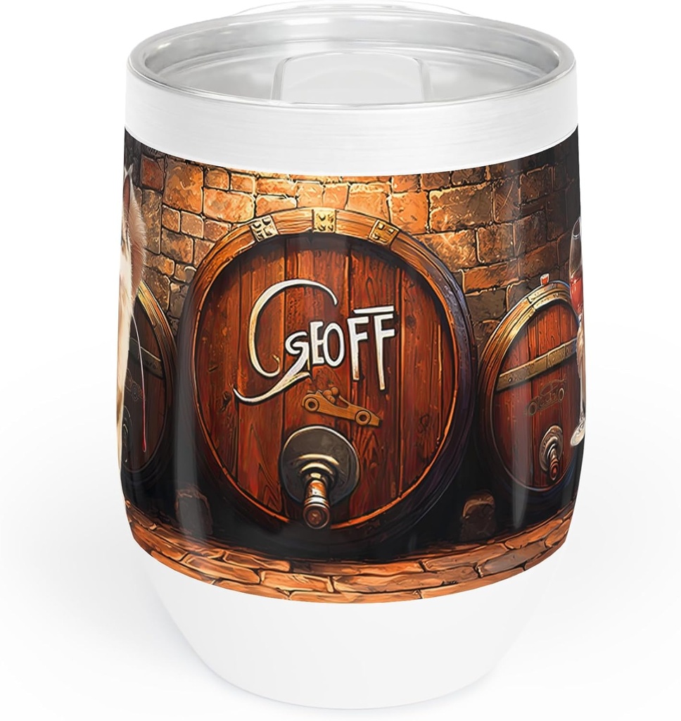 Personalized Wine Tumbler Gift w Custom Name Art for Wine Lover, Double Insulated Stainless Steel Stemless Wine Glass Cup w Lid (Wine Cellar Barrels, 12oz)