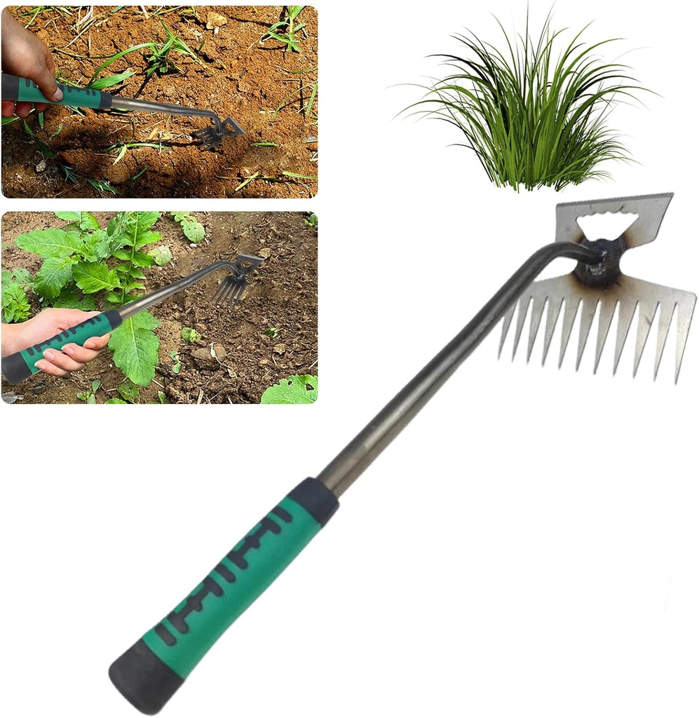 Weed Puller Tool, Weeding Artifact Uprooting Weeding Tool, Weeding Tools Gardening, Hand Weeder Tool for Yard Long Handle, 11 Teeths Dual Purpose Weed Remover Tool for Garden (L)