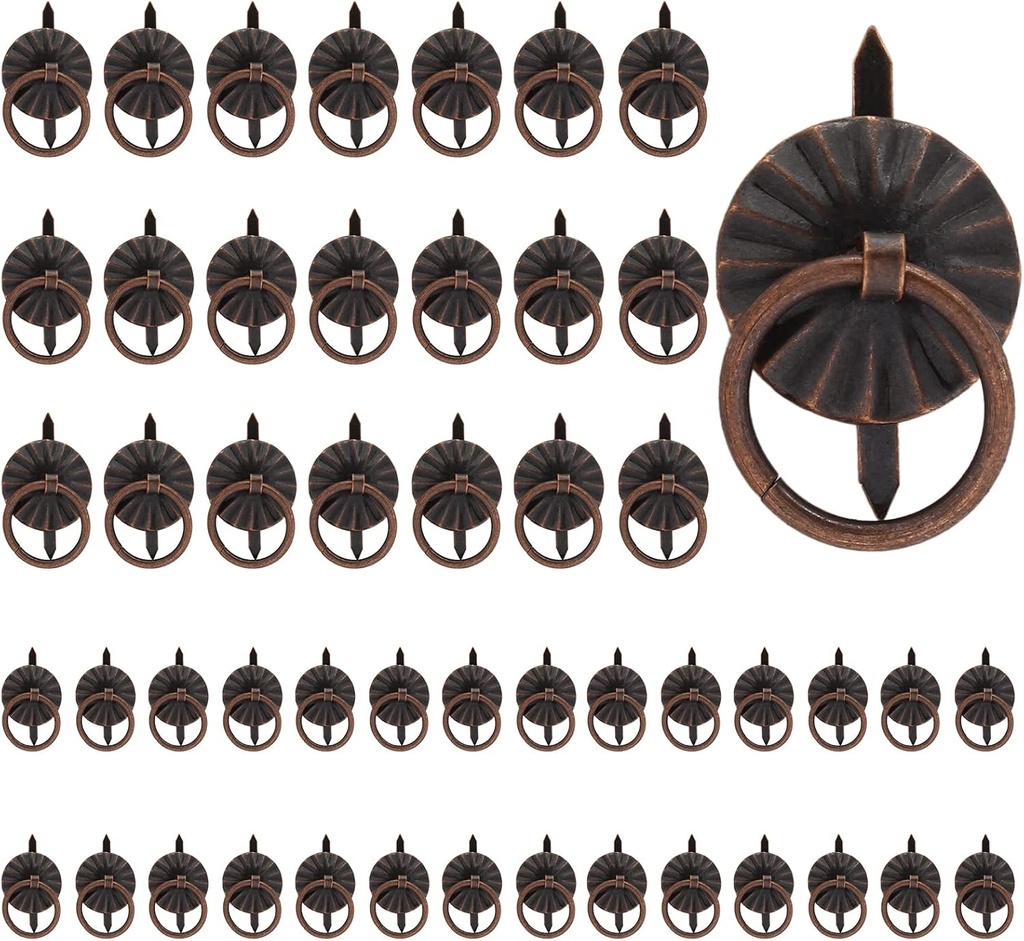 50 Pcs Mini Pull Handle, Metal Ring Pull Handles, Small Drawer Pulls for Jewelry Box Chest Cabinet Drawer, 0.75” OD, Red Bronze