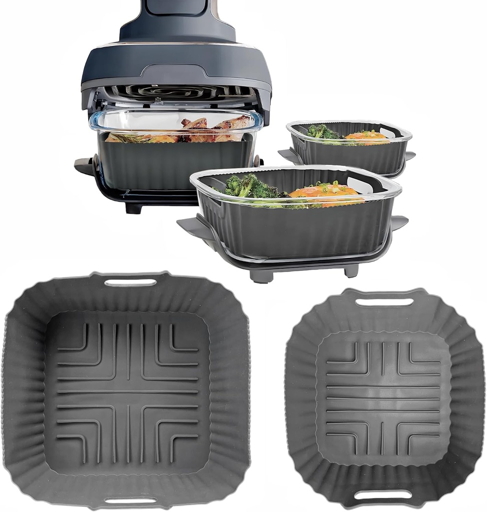 Silicone Air Fryer Liners for Ninja Crispi Glass FN101GY, 2 Pack Reusable Air Fryer Accessories, Large Airfryer Liner for 4 QT Container & Small Liner for 6 Cups Container (Grey)