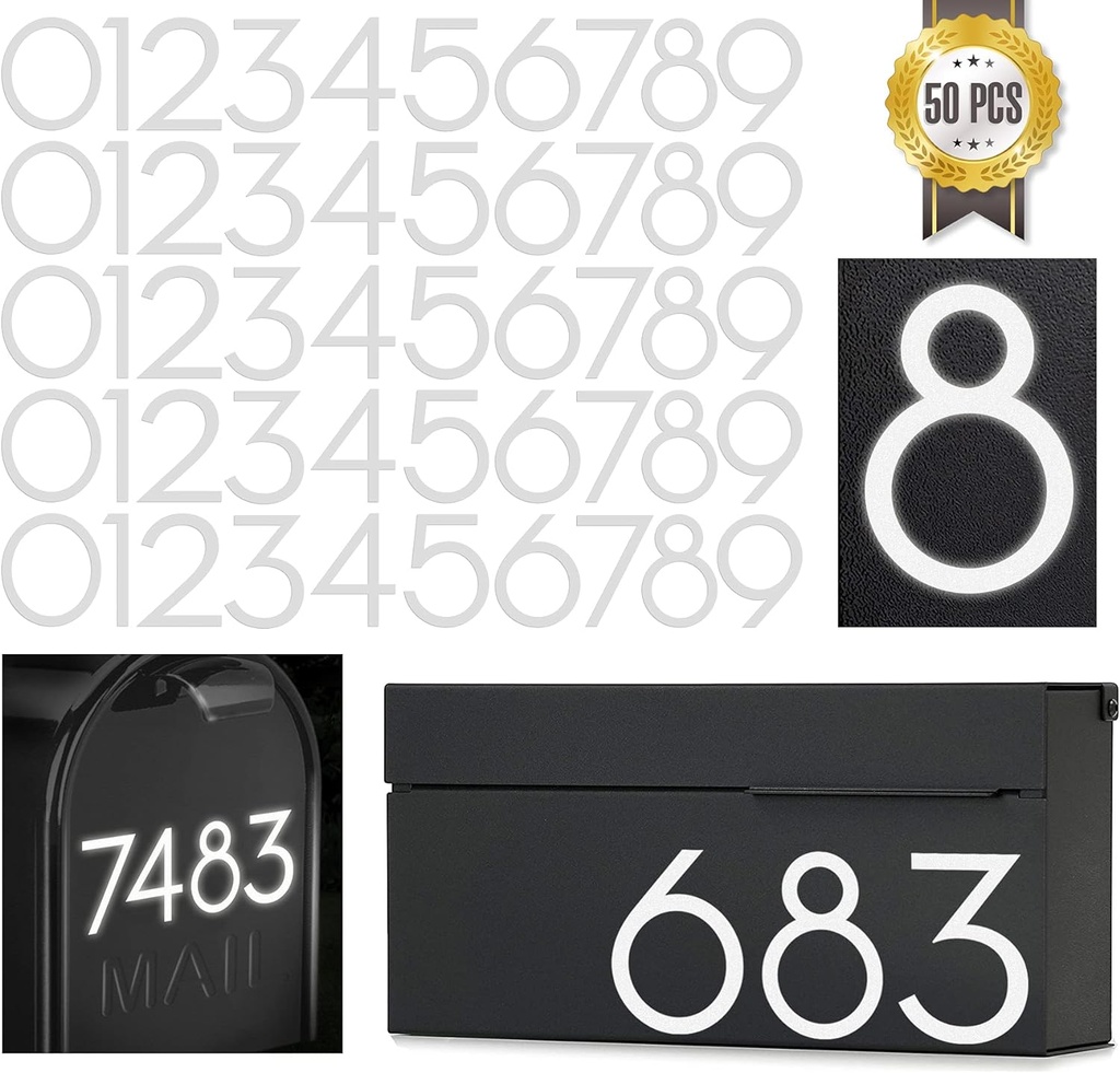 4 inch Reflective Mailbox Numbers Sticker (0-9, 5 Sets) Modern Number Vinyl Waterproof Number Self Adhesive Sticker for Signs, Door, Cars, Trucks, Home, Business, Address Number (4 inch)