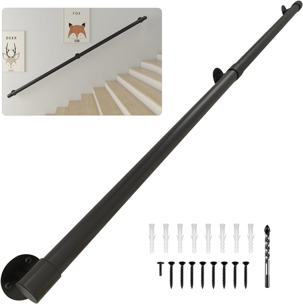 5FT Black Industrial Iron Handrail, Premium Wall-Mounted Support Handle for Indoor Stairs and Outdoor Decks, Non-Slip & Rust-Resistant Grip
