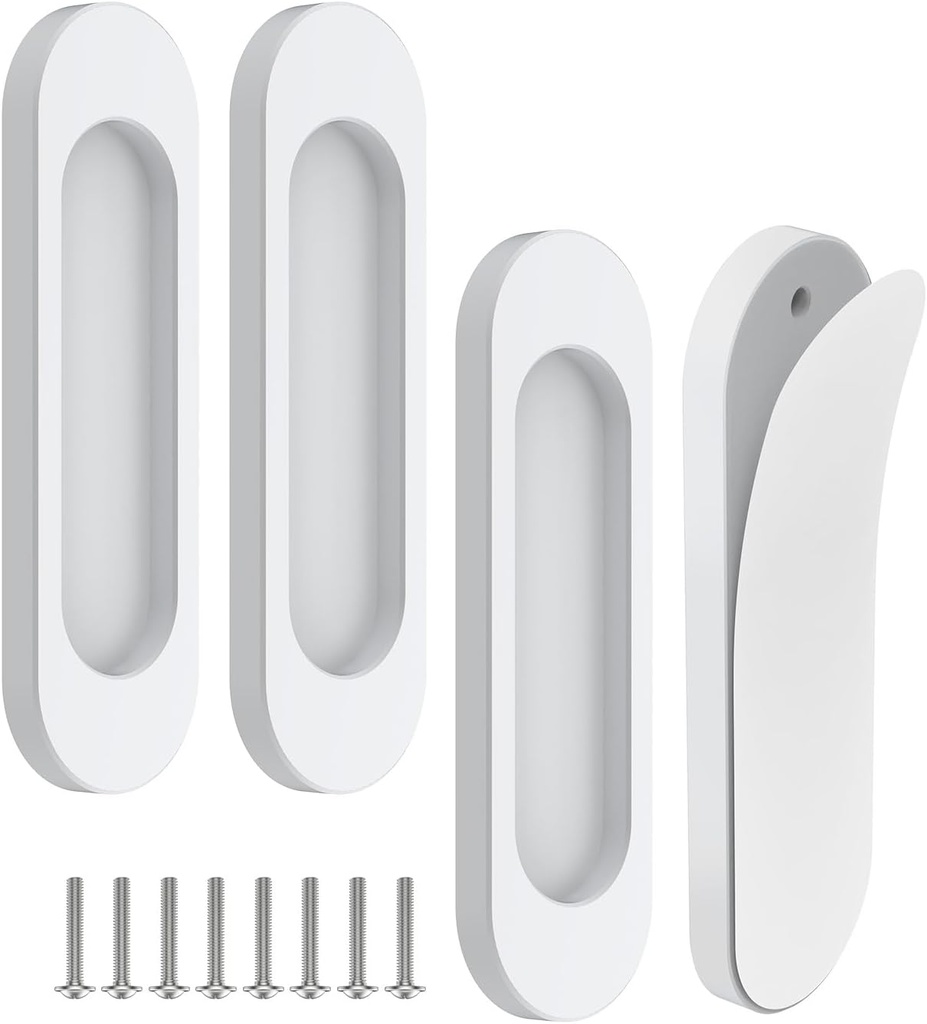 4 Pack Self-Stick Door Handles, 4 Inch Aluminum Alloy Self Adhesive Flat Finger Pulls, No Drill Cabinet Knobs for Drawer, Sliding Glass/Barn/Closet/Balcony Doors (4, White)