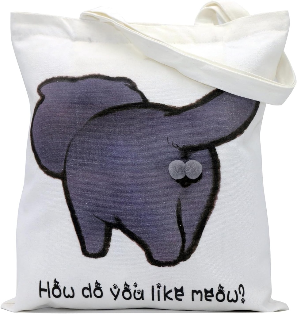 Cat Canvas Tote Bag With Fluffy Balls Zip Closure Two Inner Pockets Reusable Grocery Bag Cat Lover Gifts for Women