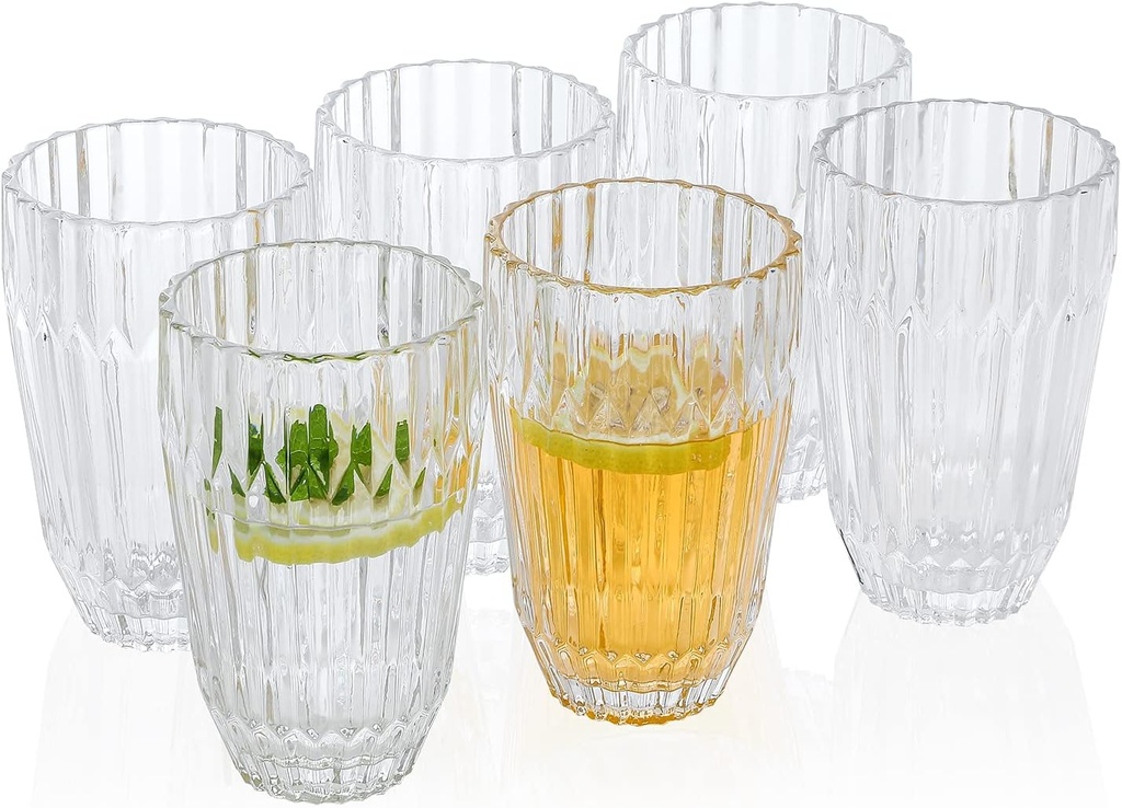 Vintage Drinking Glasses 10.7 oz set of 6 Farmhouse Style Clear Glass Tumblers Everyday Use for Water Juice Glass Beverage Soda Milk and Coke