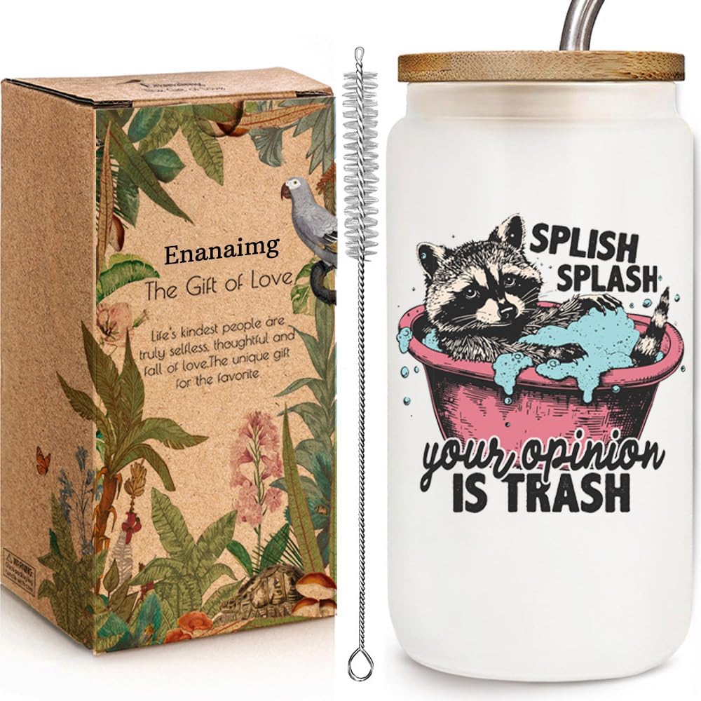 Funny Raccoon Trash 16oz Coffee Glass Cup with Lid and Straw Gift for Friend or Coworker, Office Coworker Birthday Gift Idea for Him or Her Men Women Boyfriend Girlfriend,Novelty Cup