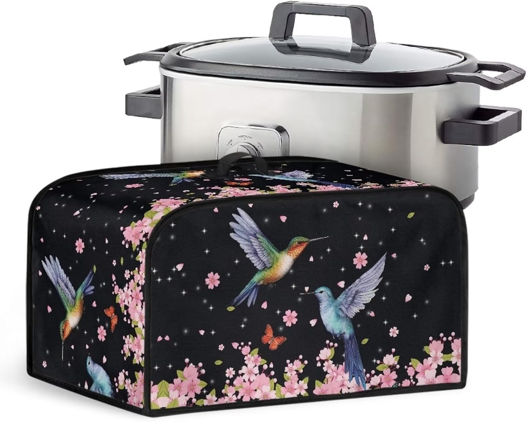 Cute Hummingbird Slow Cooker Cover with Side Pockets for Kitchen Accessories Butterfly Rice Cooker Cover Dust Cover Fit for 6-8 Qt Slow Cookers,Black