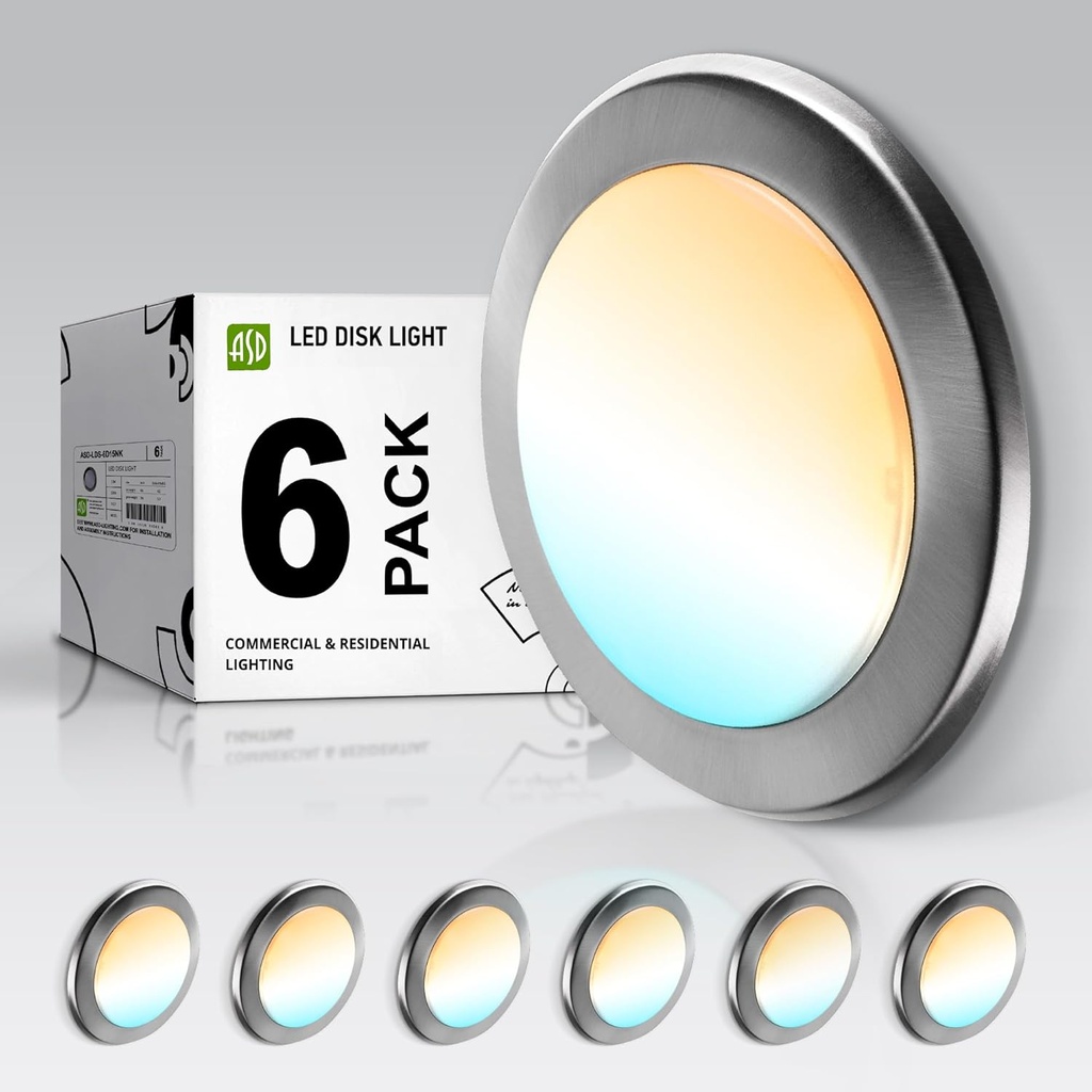 ASD 6 Pack LED Disk Lights 6 Inch, 15W 5CCT 2700K-5000K 1245LM CRI90+, Dimmable Flush Mount Ceiling Light Fixture, Low Profile Surface Mount Disc, Junction Box or Recessed Can Install, UL Energy Star