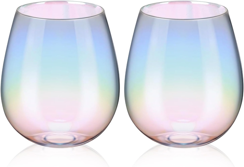 Iridescent Stemless Wine Glass Set of 2, 16OZ Unique Rainbow Wine Glass Cute and Cool, No Stem Colorful Drinking Glassware Gift for Birthday Party Wedding Holiday