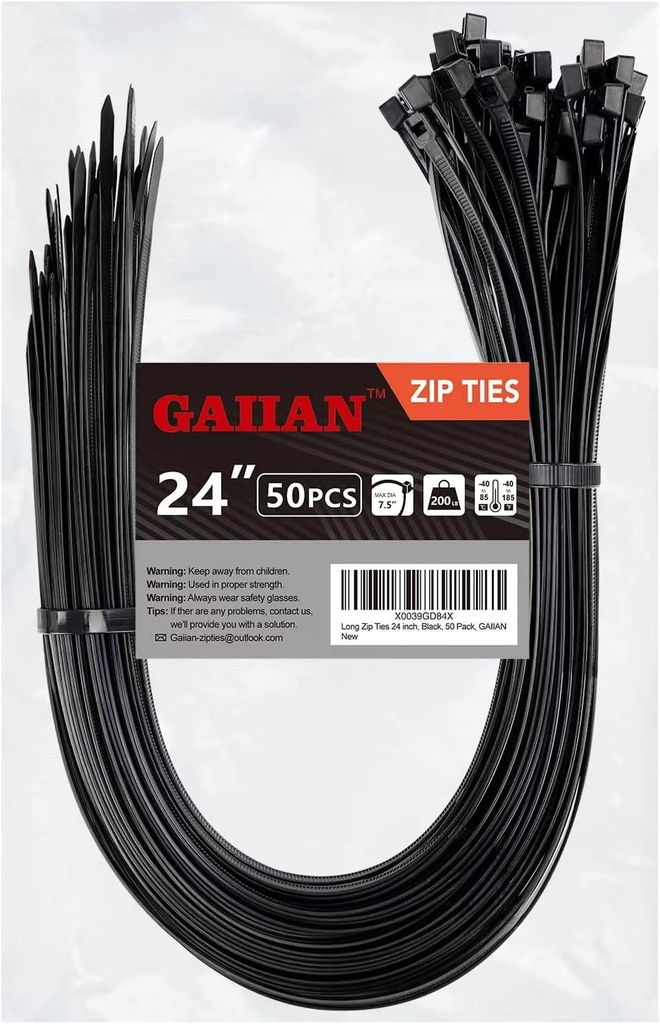 Long Zip Ties Heavy Duty 24 inch, Large Zip Ties with 200 lbs Tensile Strength, Big Cable Ties, Black, 50 Pack, by GAIIAN