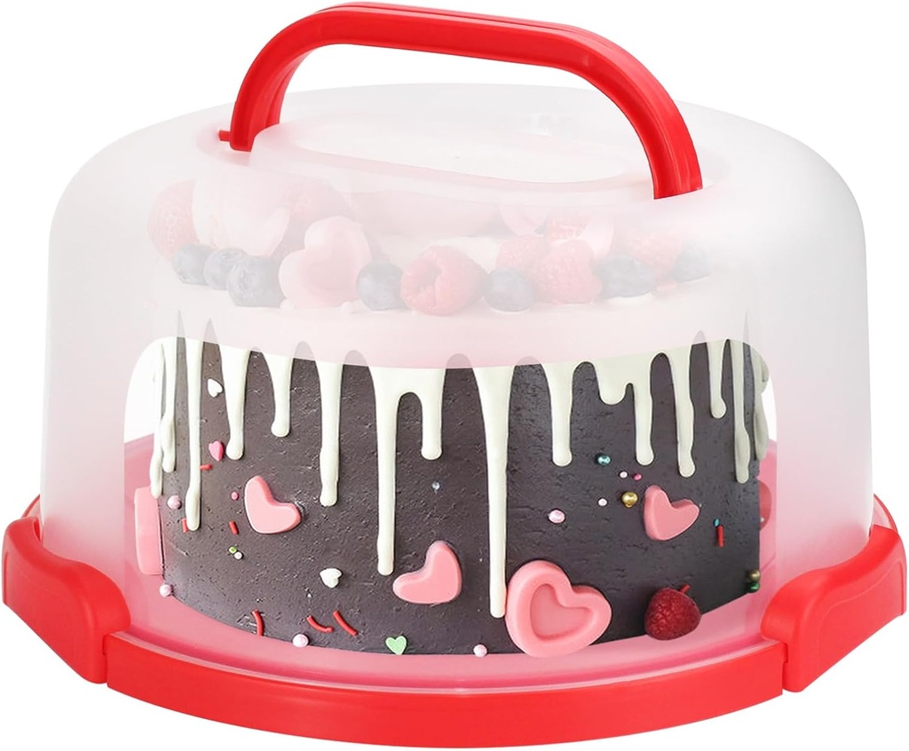 Cake Carrier with Lid and Handle, Fit 10’’ Cake Stand with Lid, Cake Transport Storage Container, Cake Containers Cover Stand with Lids, 3 Secure Side Closures (Red)