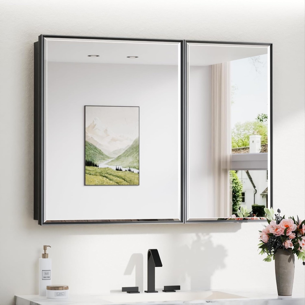 TokeShimi 40x30 Beveled Mirror with Storage Bathroom, Black Recessed Medicine Cabinet with Mirror Aluminum, Wall Mount Metal Recessed Medicine Cabinets for Bathroom