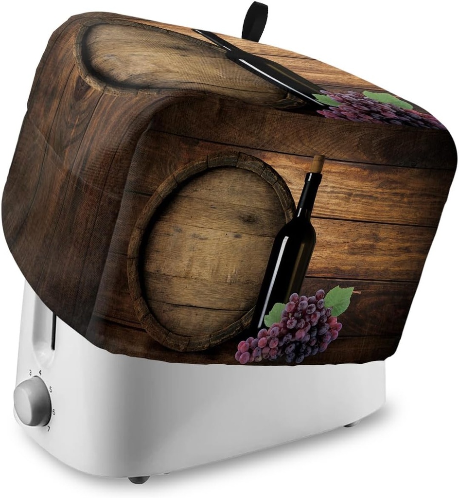 Toaster Cover 2 Slice, Wine Bottle and Fruit Grape with Wooden Barrel Bread Maker Cover Toaster Dust Cover with Pockets, Dust-Proof Cover for Kitchen Small Appliance 12x7.5x8in
