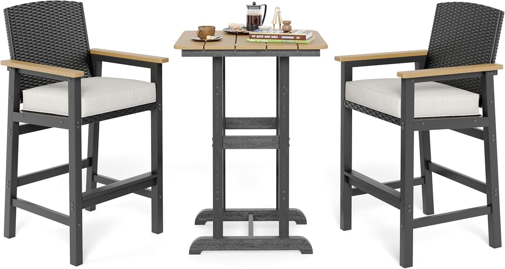 3 Pieces Outdoor Bar Set, All-Weather Bistro Table and 2 Bar Stools with Wicker Backrest and Comfy Cushion, Outdoor Patio Bistro Height Table and Chairs Sets, for Deck, Backyard and Garden