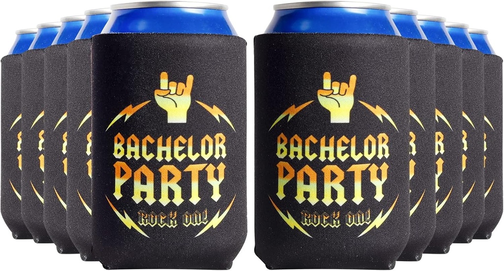 Bachelor Party Can Coolie - Pack of 10 Can Coolers with Gold Text "Bachelor Party - Rock On!" | Bachelor Party Favors for Men Team Groom Cup Bachelor Party Decorations Groom Supplies Beer Wedding