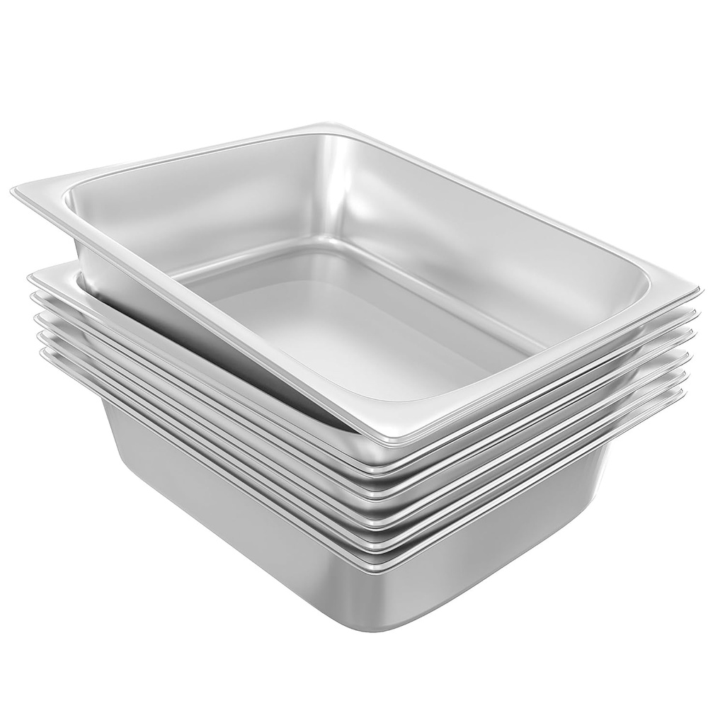 EGGKITPO 1/2 Hotel Pans Half Size 6-Pack 4 Inch Deep Silver Stainless Steel Steam Table Pan Tray for Food, Catering Pan for Cafeterias, Hotel and Restaurant
