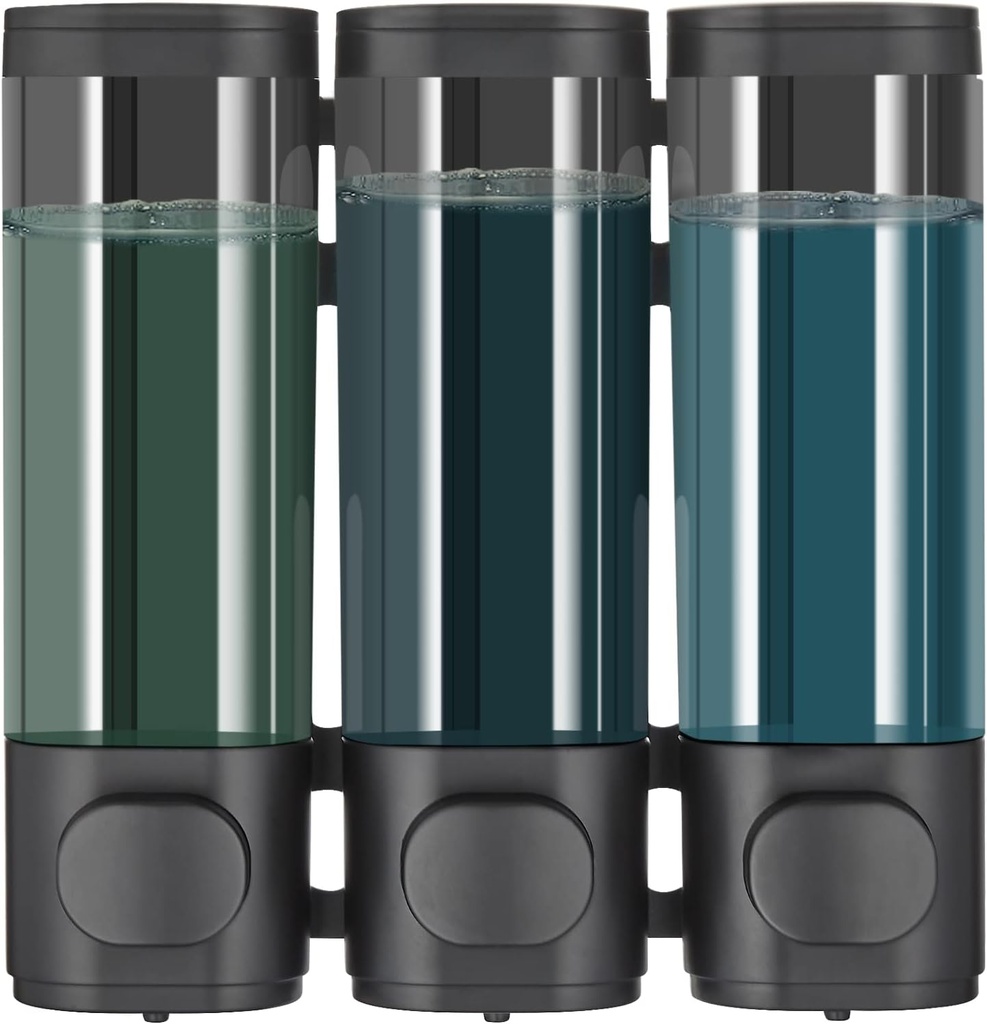 Pollock Shower Dispenser 3 Chamber No Drill Shampoo Conditioner Body Wash Dispenser for Bathroom, Large Capacity, Black