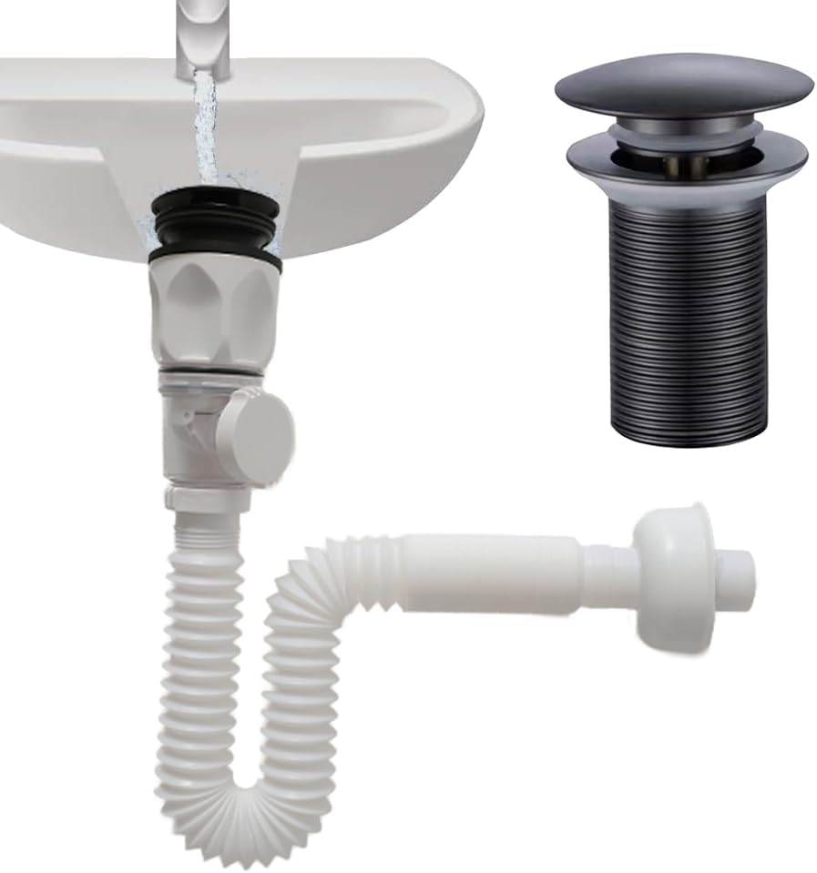 Bathroom Sink Drain Pipe Kit,Bathroom Sink Drain kit with pop-up Stopper，sink drain kit，Flexible Sink Drain Pipe P-Trap,Suitable for Overflow Outlet and No Overflow Outle