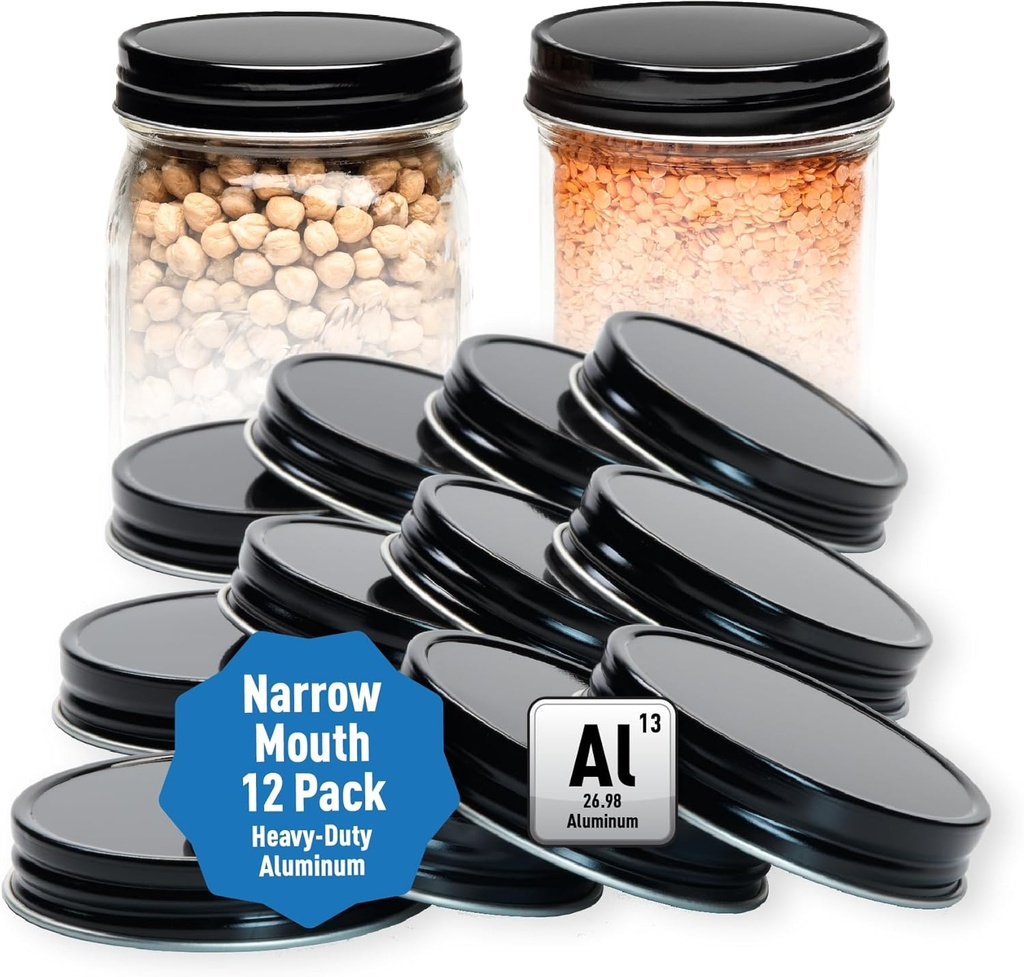 AllSpice Rust-Proof Narrow Mouth Aluminum Metal Mason Jar Lids Leak-Proof 12-Pack (Black)