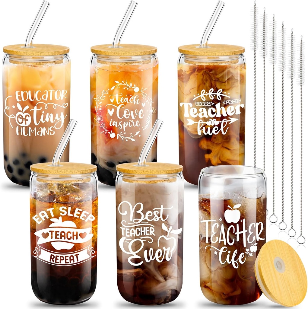Pinkunn 6 Set Teacher Appreciation Week Gifts for Women Thank You Teacher Practitioner Birthday Gifts Glass Cups 16oz with Lids Straws Brushes, 6 Styles(Graceful)