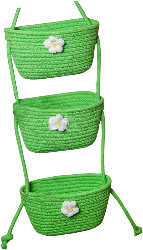 3 Tier Wall Hanging Basket Container Toiletries Phones Glasses Shelf Basket Organizer for Bedroom Kitchen Camping Office Boho, Green