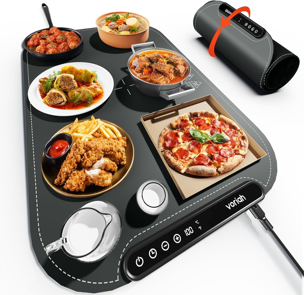 Warming Mat for Food, Voriah Electric Warming Tray with 99H Timer & 8 Temperature Settings, Foldable Food Warmer with °C/°F Switch, Keeps Food Warm at Buffets, Sabbath, Family Gatherings
