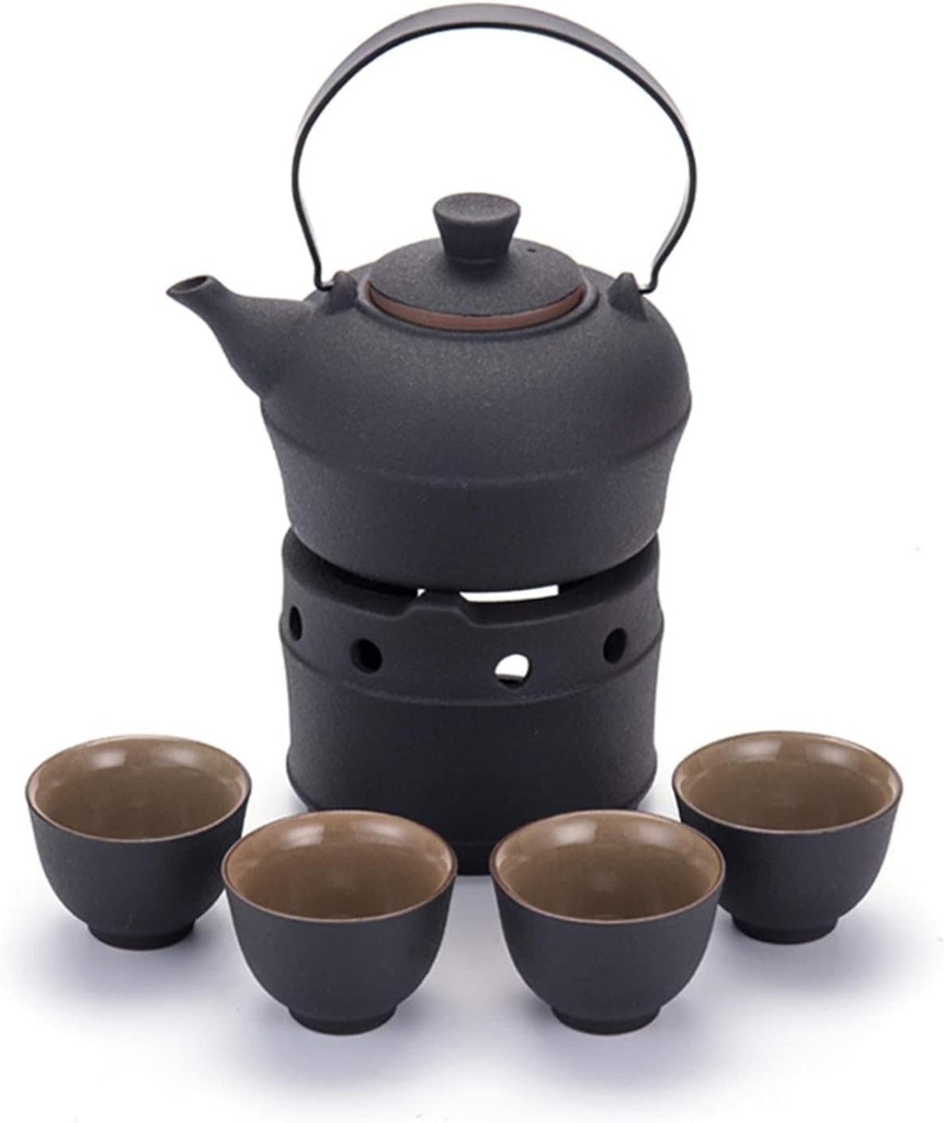 Sake Set Japanese Hot Ceramic Sake Set with Warmer 6-Piece, 4 Cups, Sake Kettle and Heating Base for Christmas, Birthdays, and Anniversaries,Ceramic Tray (A Without Tray)