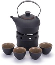 Sake Set Japanese Hot Ceramic Sake Set with Warmer 6-Piece, 4 Cups, Sake Kettle and Heating Base for Christmas, Birthdays, and Anniversaries,Ceramic Tray (A Without Tray)