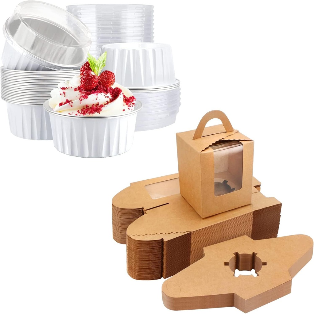 EUSOAR Cupcake Boxes and Baking Cups, 50pcs Kraft Portable Single Individual Paper Cupcake Holder Containers, 30pcs 5oz Aluminum Foil Muffin Liners with Lids-Silver