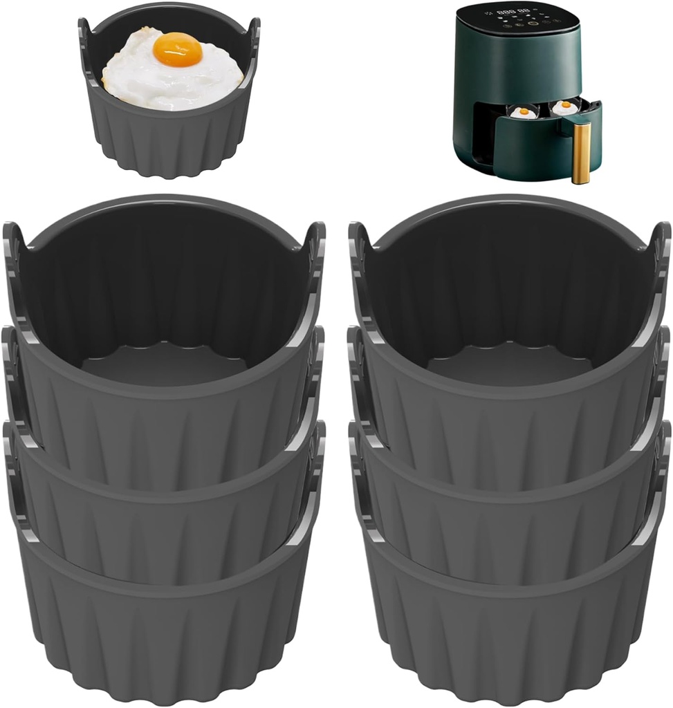 Ramekins for Air Fryer Dessert Bowls 6PCS Silicone Air Fryer Egg Mould 2.8'' Reusable Air Fryer Egg Poacher Non Stick Cupcake Muffin Cups for Microwave Oven, Grey, Gray