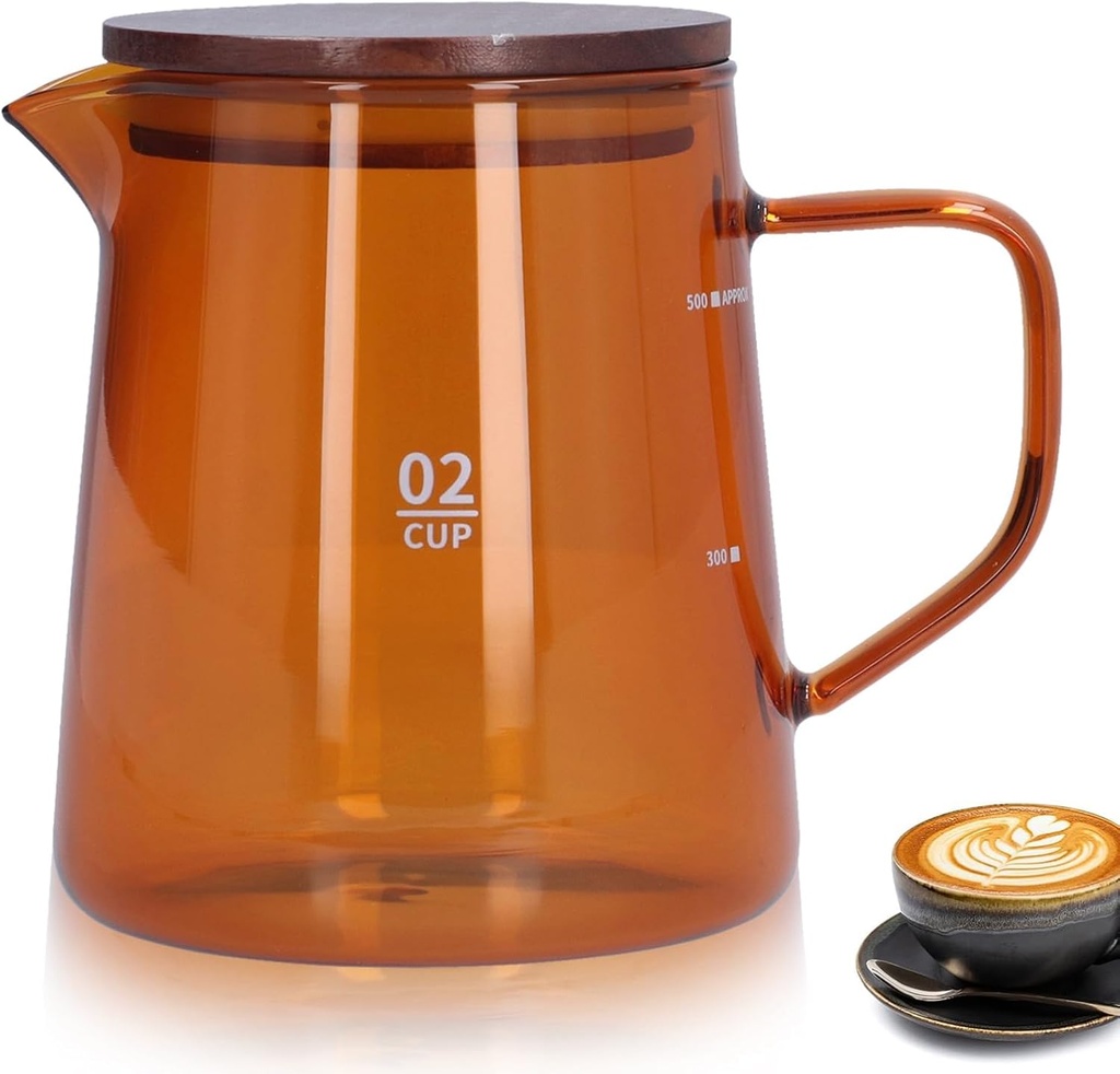 Small Glass Carafe, 16.9oz Glass Coffee Server Manual Pour over Coffee Beaker Tea Pot with Wooden Lid Clear Teakettle Borosilicate Glass Decanter (Brown)