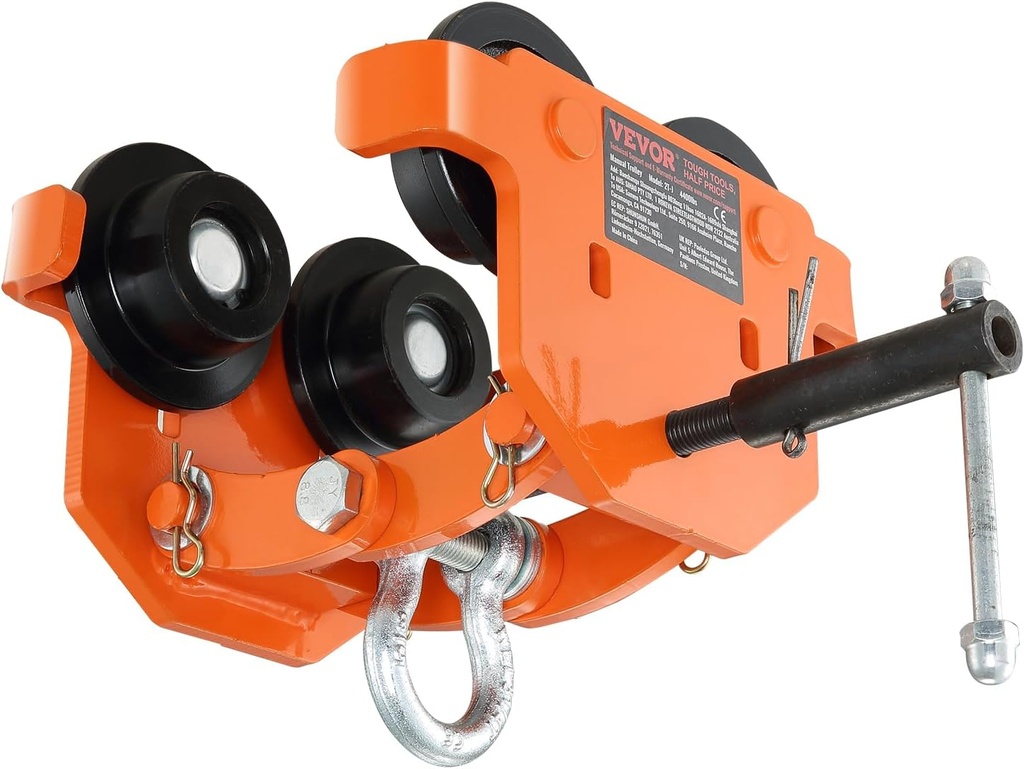 VEVOR Manual Trolley, 4400 lbs/2 Ton Load Capacity, Push Beam Trolley with Dual Wheels, Adjustable for I-Beam Flange Width 2.8" to 6.7", Heavy Duty Alloy Steel Garage Hoist for Straight Curved I Beam