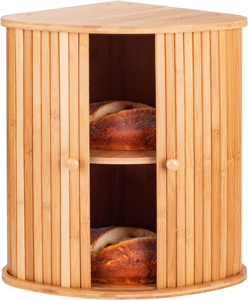 Bamboo Bread Box For Kitchen Countertop TOMKID Farmhouse Corner Bread Box 2 Layer Bread Storage Container, Extra Large Bread Boxes, 15.1 in x 11.8 in x 16.8 in (Assembly required)